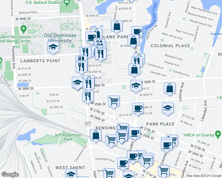 map of restaurants, bars, coffee shops, grocery stores, and more near 1015 37th Street in Norfolk