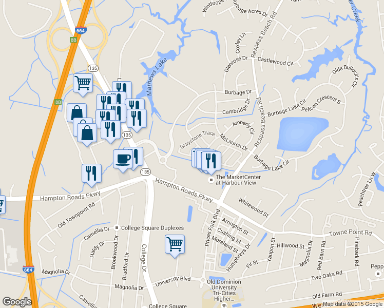 map of restaurants, bars, coffee shops, grocery stores, and more near 128 Stoney Ridge Avenue in Suffolk