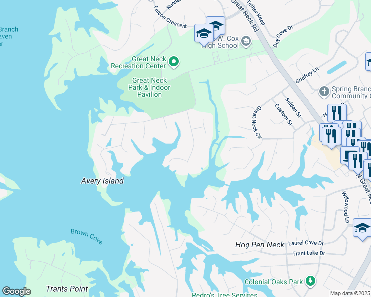 map of restaurants, bars, coffee shops, grocery stores, and more near 1429 Back Cove Road in Virginia Beach