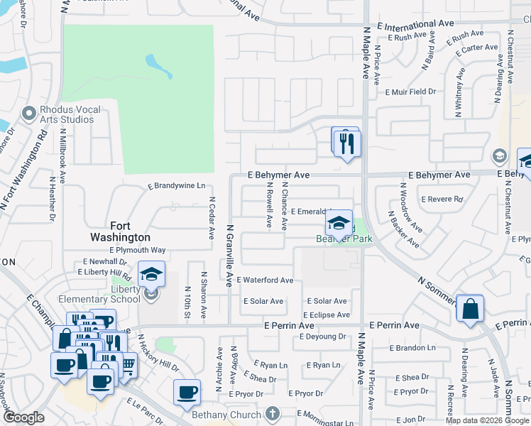 map of restaurants, bars, coffee shops, grocery stores, and more near 1627 East Emerald Avenue in Fresno