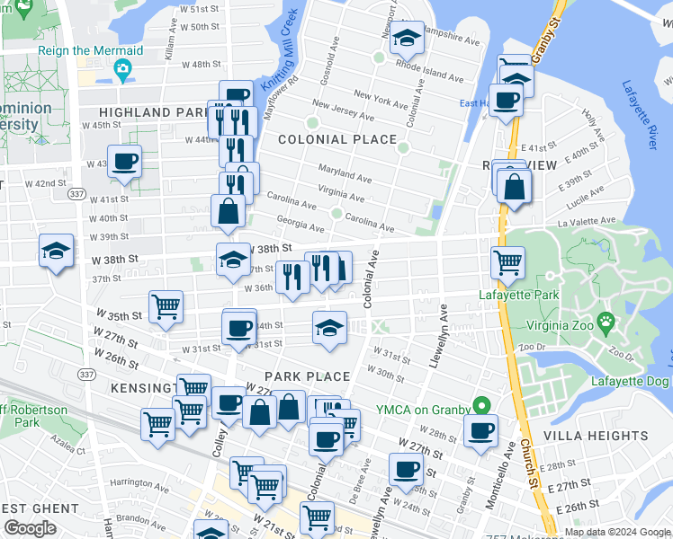 map of restaurants, bars, coffee shops, grocery stores, and more near 535 West 37th Street in Norfolk