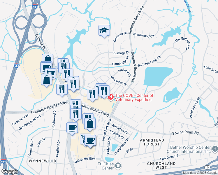 map of restaurants, bars, coffee shops, grocery stores, and more near 115 Stoney Ridge Avenue in Suffolk