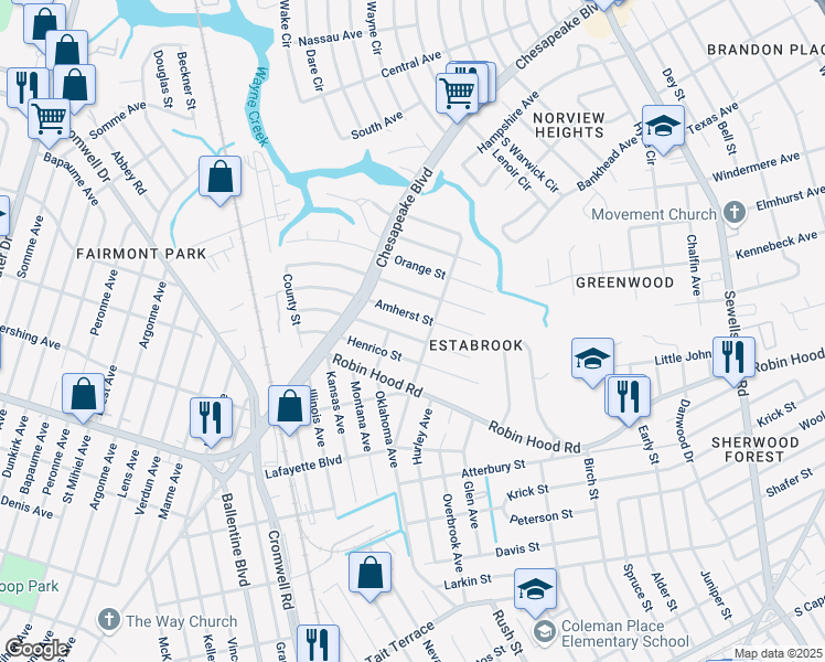 map of restaurants, bars, coffee shops, grocery stores, and more near 3649 Nottaway Street in Norfolk