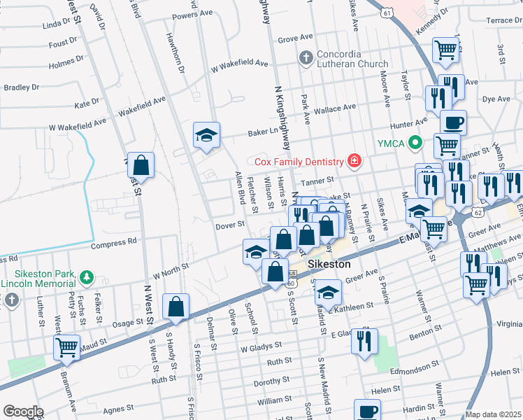 map of restaurants, bars, coffee shops, grocery stores, and more near 210 Cresap Street in Sikeston