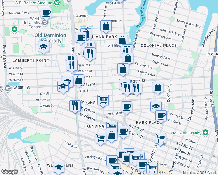 map of restaurants, bars, coffee shops, grocery stores, and more near 859 37th Street in Norfolk