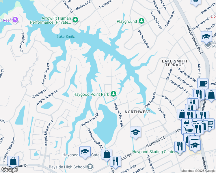 map of restaurants, bars, coffee shops, grocery stores, and more near 817 Montgolfier Arch in Virginia Beach