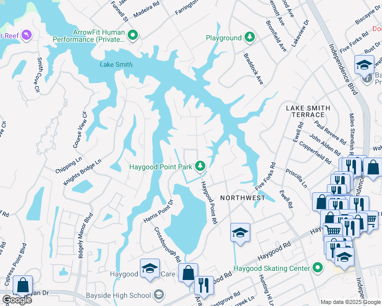map of restaurants, bars, coffee shops, grocery stores, and more near 817 Montgolfier Arch in Virginia Beach