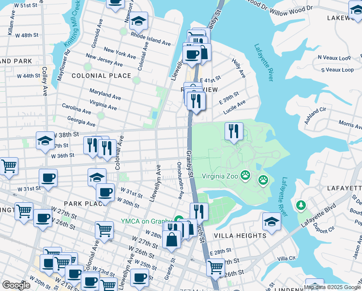 map of restaurants, bars, coffee shops, grocery stores, and more near 116 West 36th Street in Norfolk