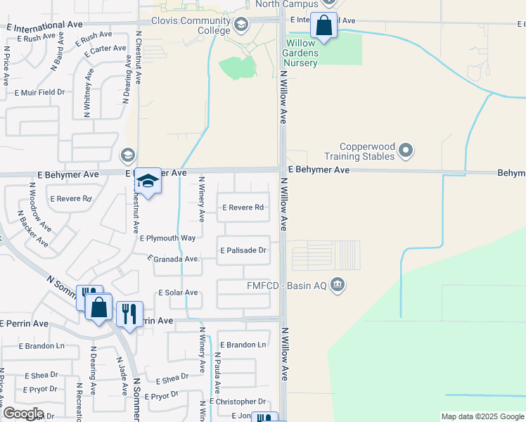 map of restaurants, bars, coffee shops, grocery stores, and more near 2967 East Revere Road in Fresno