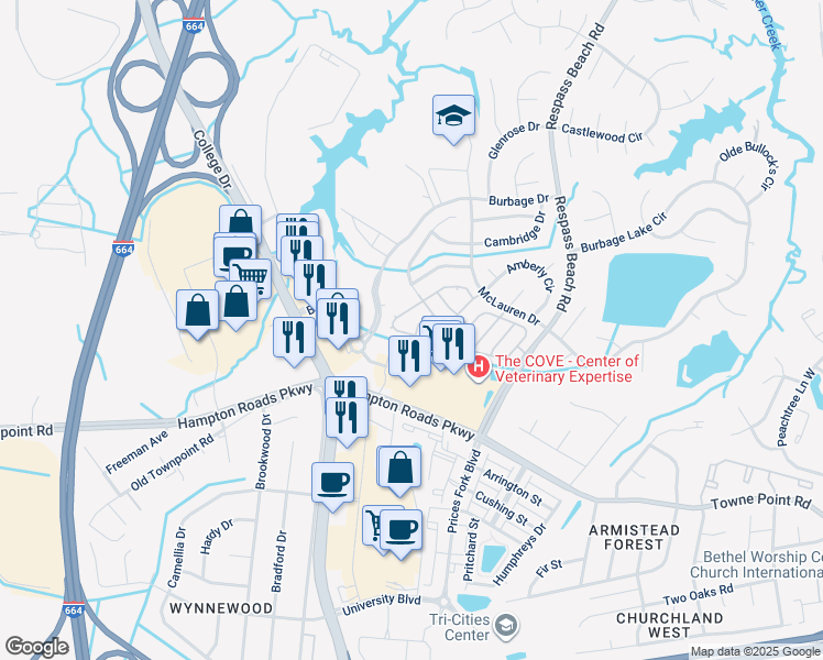 map of restaurants, bars, coffee shops, grocery stores, and more near 308 Stone Cove in Suffolk
