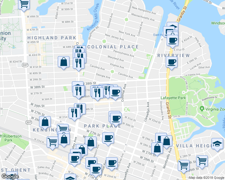 map of restaurants, bars, coffee shops, grocery stores, and more near 535 West 37th Street in Norfolk