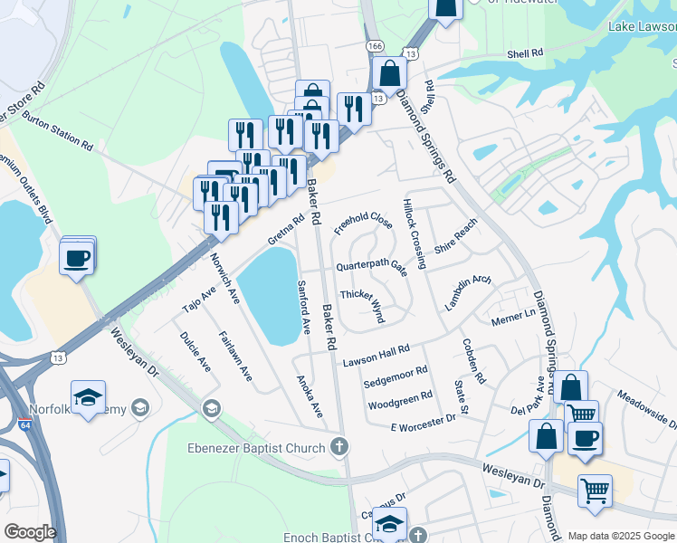 map of restaurants, bars, coffee shops, grocery stores, and more near 5508 Quarterpath Gate in Virginia Beach