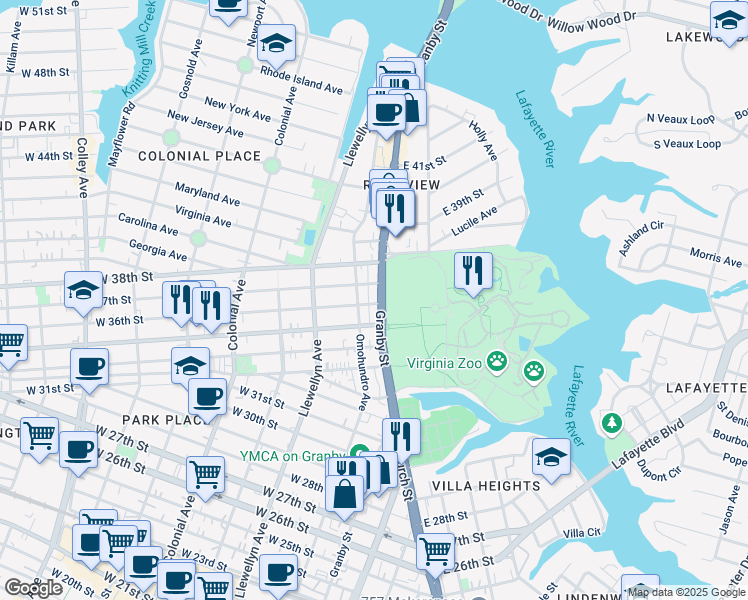 map of restaurants, bars, coffee shops, grocery stores, and more near 3509 Granby Street in Norfolk