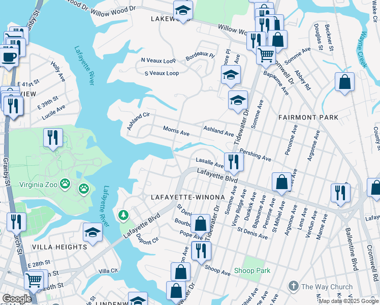 map of restaurants, bars, coffee shops, grocery stores, and more near 1726 Fontainebleau Crescent in Norfolk