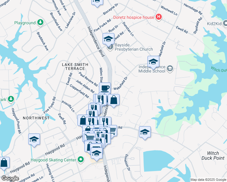 map of restaurants, bars, coffee shops, grocery stores, and more near 1229 Captain Adams Court in Virginia Beach
