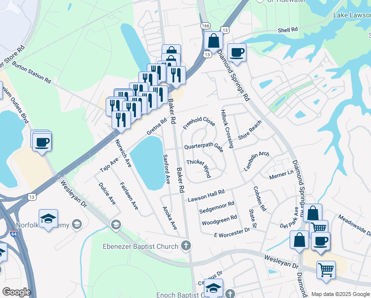 map of restaurants, bars, coffee shops, grocery stores, and more near 5508 Quarterpath Gate in Virginia Beach