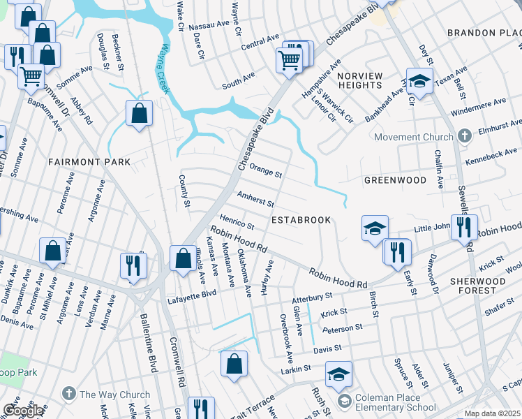 map of restaurants, bars, coffee shops, grocery stores, and more near 3649 Nottaway Street in Norfolk