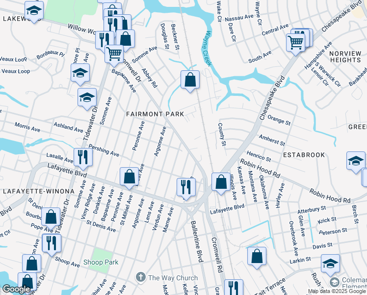 map of restaurants, bars, coffee shops, grocery stores, and more near 3341 Marne Avenue in Norfolk