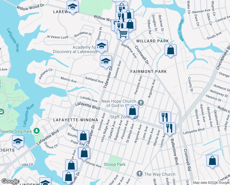 map of restaurants, bars, coffee shops, grocery stores, and more near 2005 Pershing Avenue in Norfolk