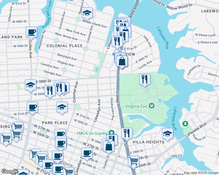 map of restaurants, bars, coffee shops, grocery stores, and more near 219 West 36th Street in Norfolk