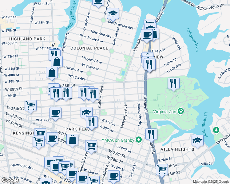 map of restaurants, bars, coffee shops, grocery stores, and more near 407 West 36th Street in Norfolk