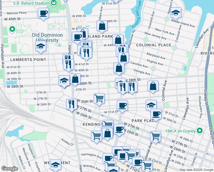 map of restaurants, bars, coffee shops, grocery stores, and more near 859 37th Street in Norfolk