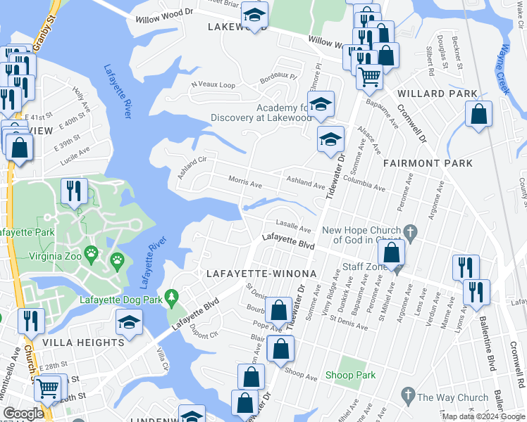 map of restaurants, bars, coffee shops, grocery stores, and more near 1726 Fontainebleau Crescent in Norfolk