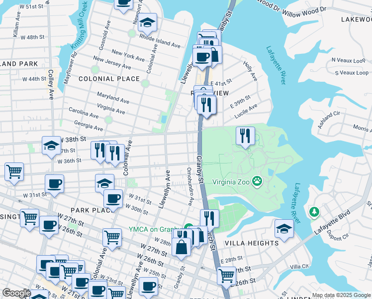 map of restaurants, bars, coffee shops, grocery stores, and more near 219 West 36th Street in Norfolk