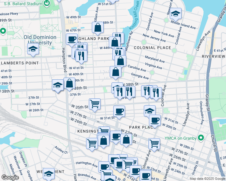 map of restaurants, bars, coffee shops, grocery stores, and more near 823 37th Street in Norfolk