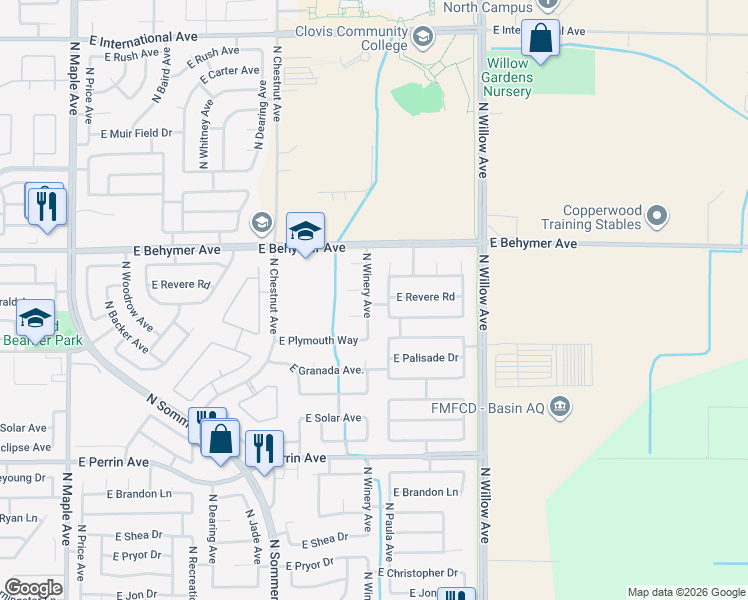 map of restaurants, bars, coffee shops, grocery stores, and more near 9838 North Winery Avenue in Fresno