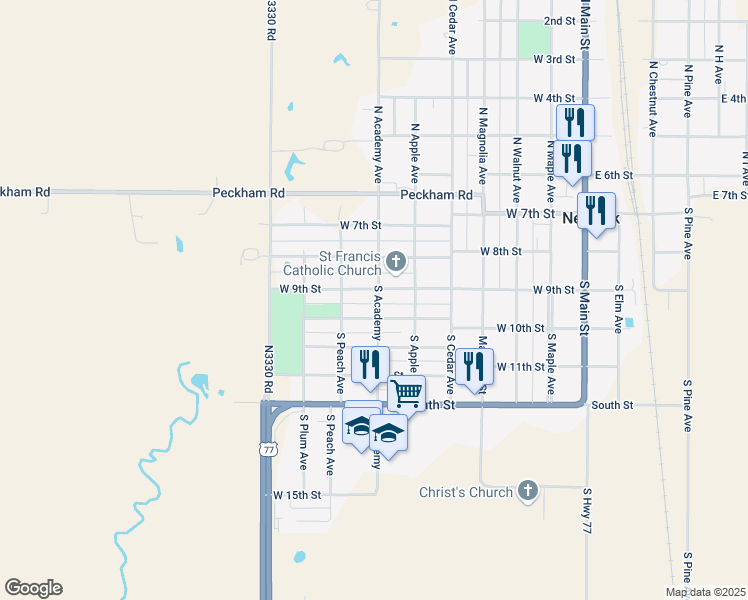 map of restaurants, bars, coffee shops, grocery stores, and more near 622 West 10th Street in Newkirk