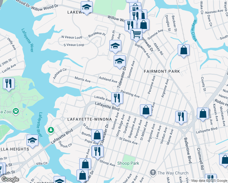 map of restaurants, bars, coffee shops, grocery stores, and more near 3240 Tidewater Drive in Norfolk