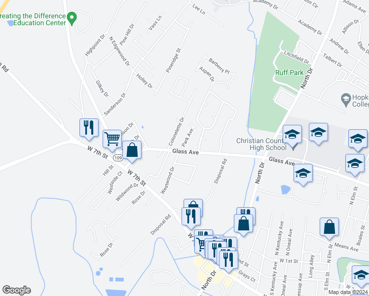 map of restaurants, bars, coffee shops, grocery stores, and more near 1417 Glass Avenue in Hopkinsville