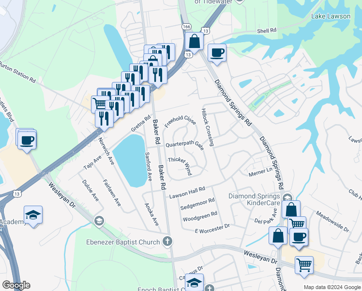map of restaurants, bars, coffee shops, grocery stores, and more near 1037 Capstone Crossing in Virginia Beach