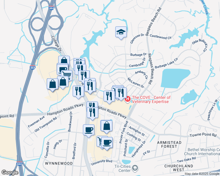map of restaurants, bars, coffee shops, grocery stores, and more near 306 Stone Cove in Suffolk