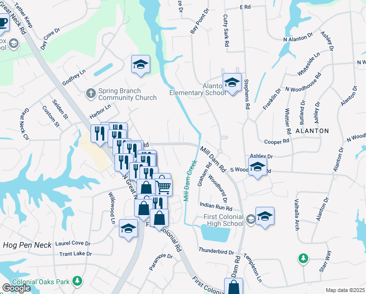 map of restaurants, bars, coffee shops, grocery stores, and more near 1417 Mill Dam Road in Virginia Beach