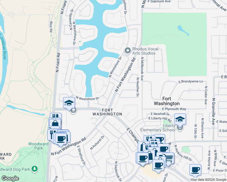 map of restaurants, bars, coffee shops, grocery stores, and more near 9938 North Canyon Creek Lane in Fresno