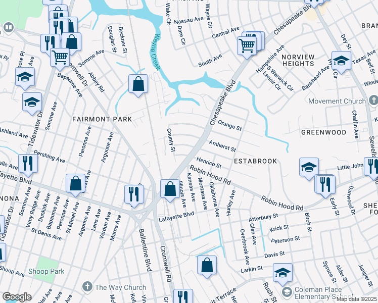 map of restaurants, bars, coffee shops, grocery stores, and more near 3411 Chesapeake Boulevard in Norfolk