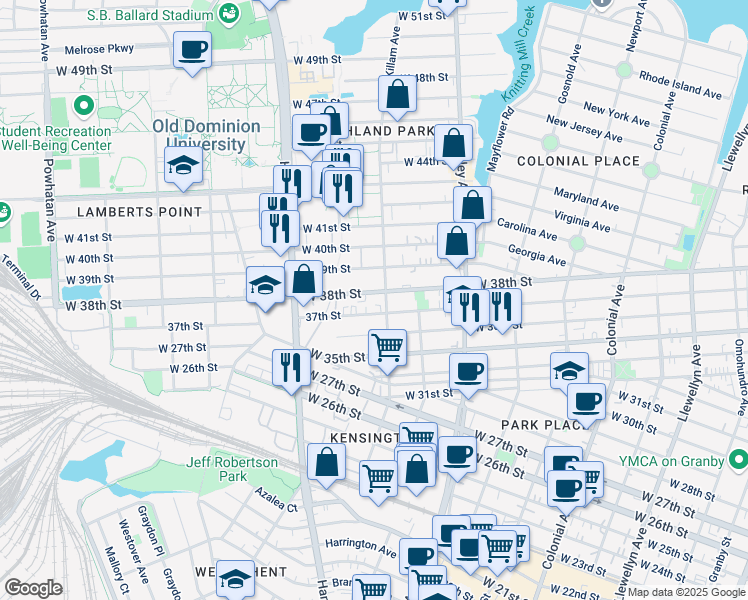 map of restaurants, bars, coffee shops, grocery stores, and more near 1007 West 38th Street in Norfolk