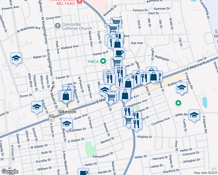 map of restaurants, bars, coffee shops, grocery stores, and more near 211 Linn Street in Sikeston