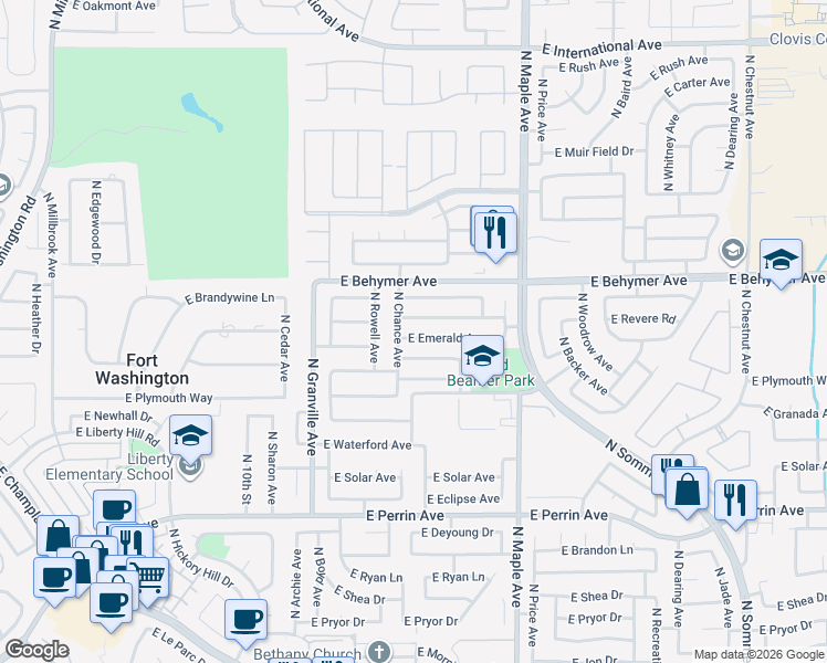 map of restaurants, bars, coffee shops, grocery stores, and more near 1738 East Emerald Avenue in Fresno