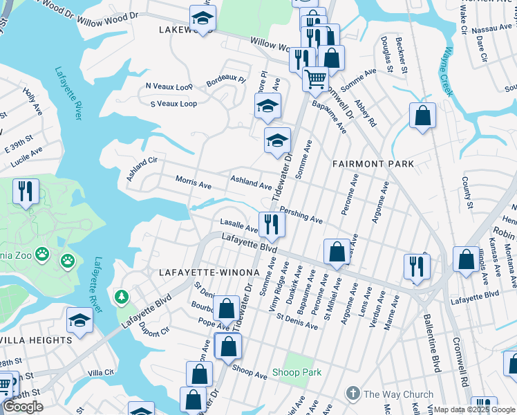 map of restaurants, bars, coffee shops, grocery stores, and more near 3327 Clark Circle in Norfolk