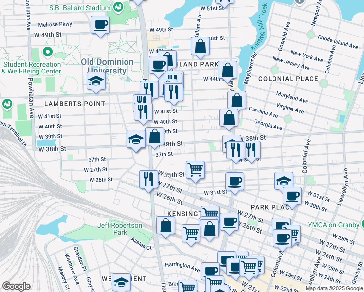 map of restaurants, bars, coffee shops, grocery stores, and more near 1023 West 38th Street in Norfolk