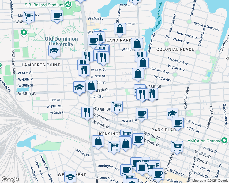 map of restaurants, bars, coffee shops, grocery stores, and more near 1003 West 38th Street in Norfolk