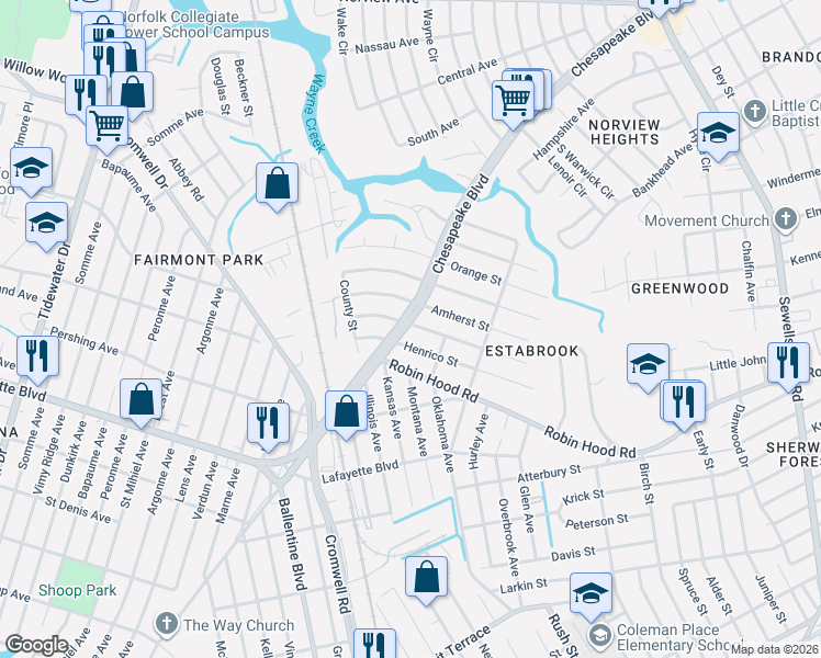 map of restaurants, bars, coffee shops, grocery stores, and more near 3628 Henrico Street in Norfolk