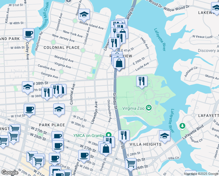 map of restaurants, bars, coffee shops, grocery stores, and more near 3509 Granby Street in Norfolk