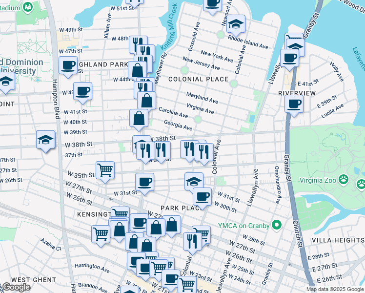 map of restaurants, bars, coffee shops, grocery stores, and more near 618 West 36th Street in Norfolk