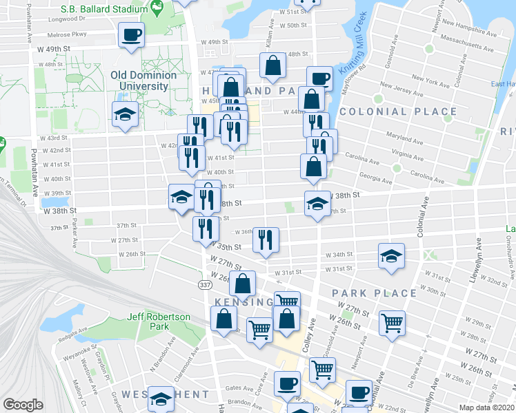 map of restaurants, bars, coffee shops, grocery stores, and more near 1015 37th Street in Norfolk