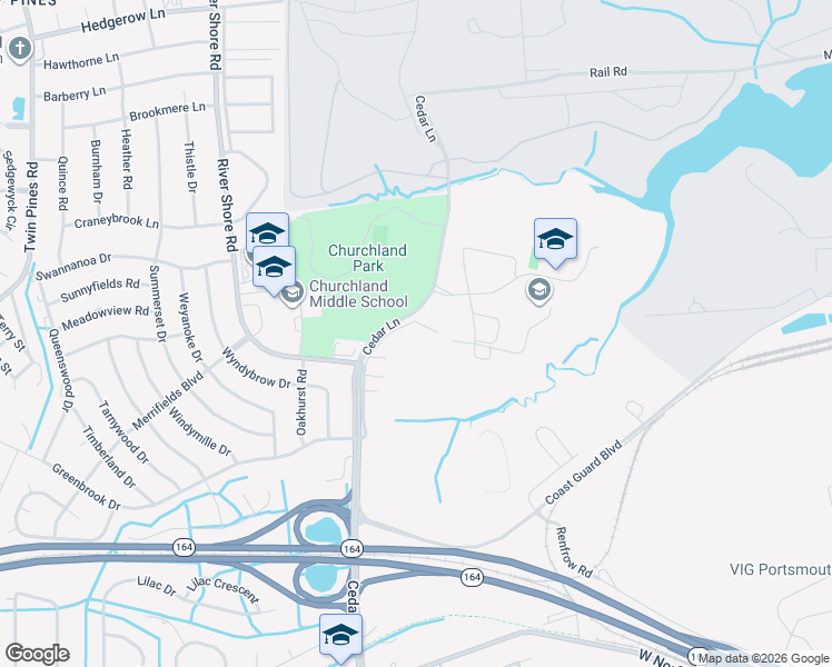 map of restaurants, bars, coffee shops, grocery stores, and more near 4201 Cedar Lane in Portsmouth