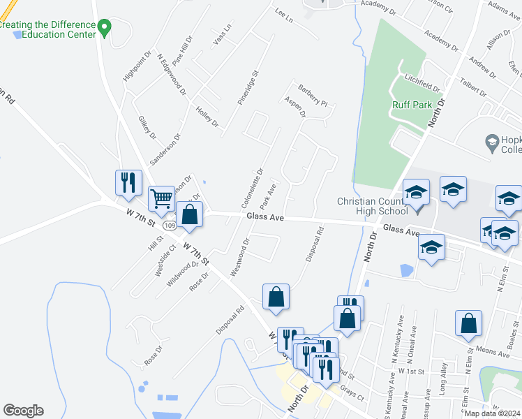 map of restaurants, bars, coffee shops, grocery stores, and more near 1417 Glass Avenue in Hopkinsville